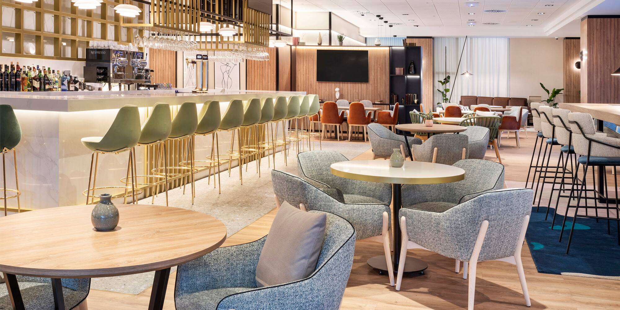 a room with tables and chairs