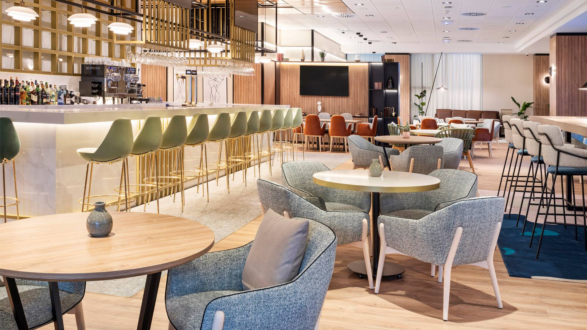 a room with tables and chairs