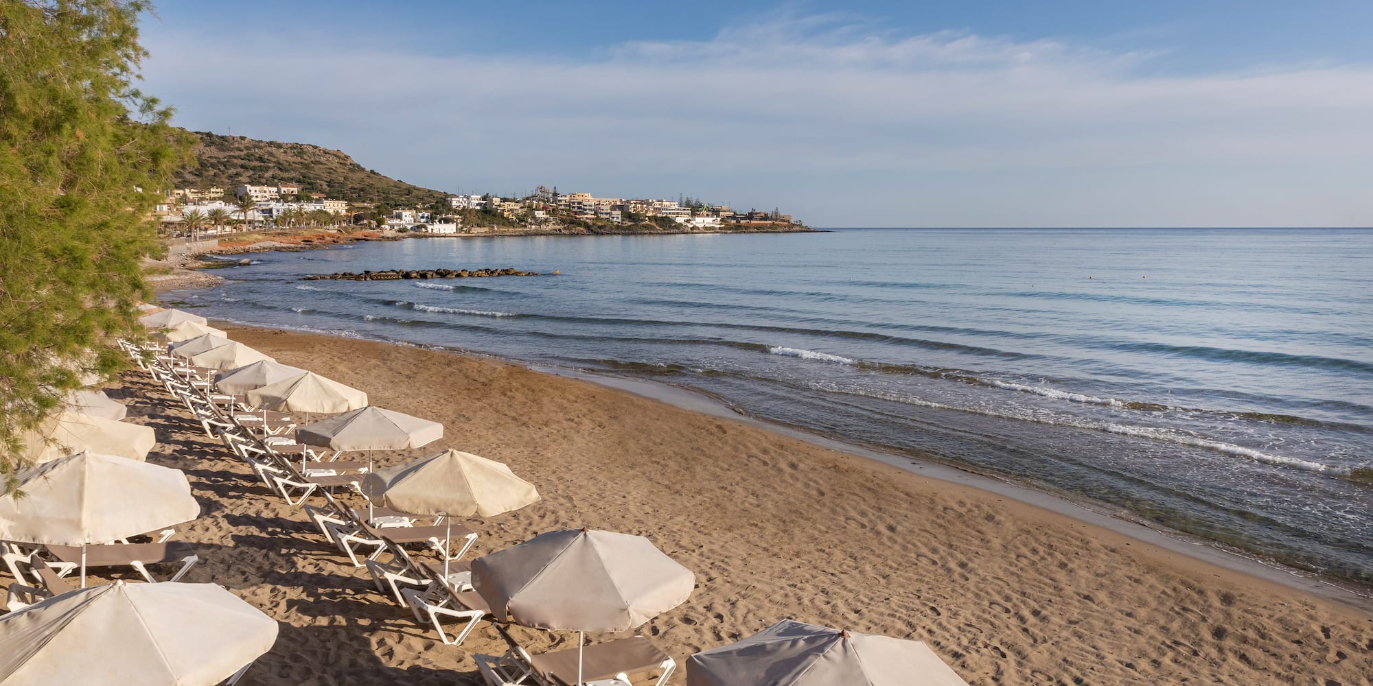 a beach with chairs and umbrellas