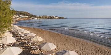 a beach with chairs and umbrellas