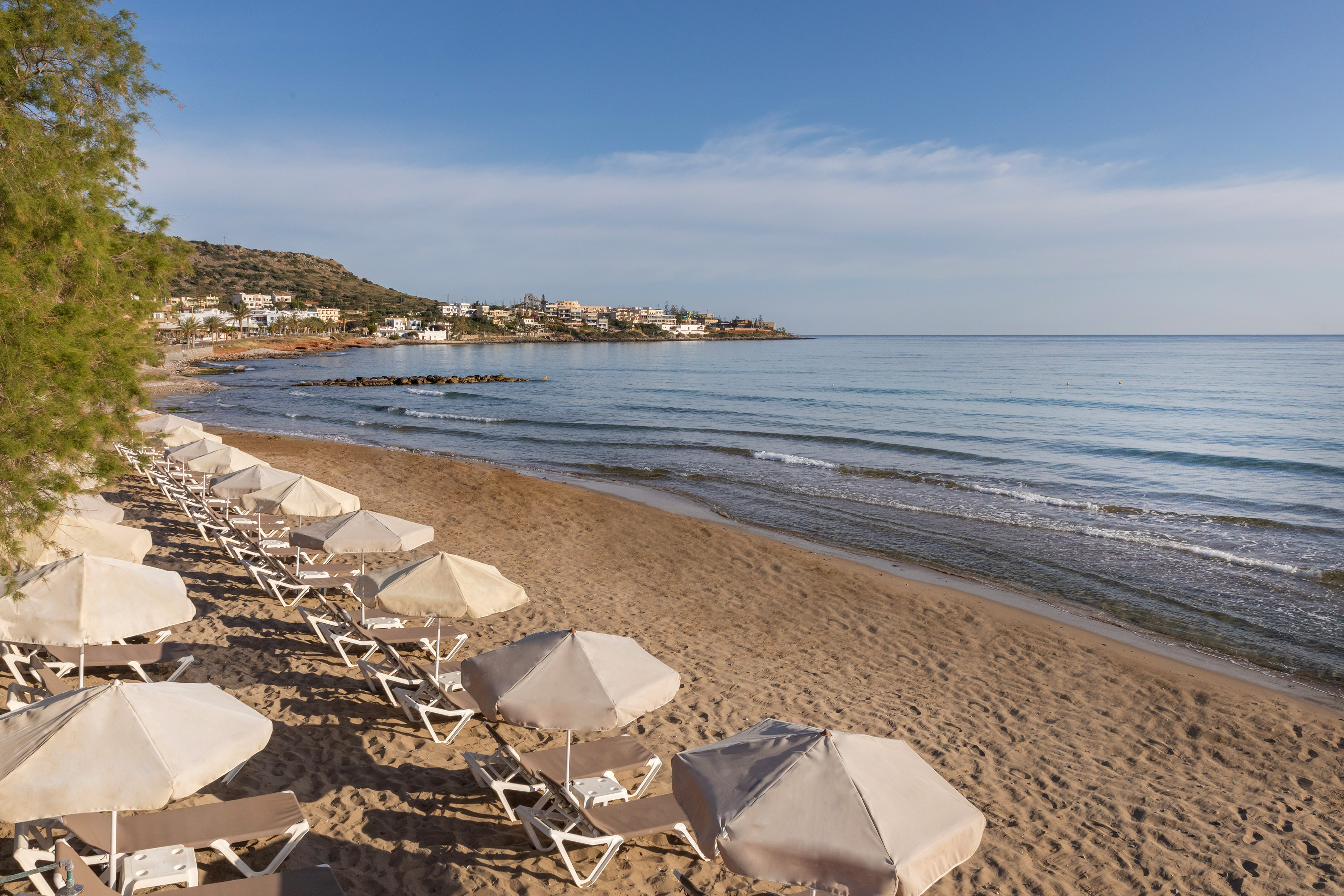 a beach with chairs and umbrellas