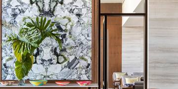 a room with a marble wall and a plant