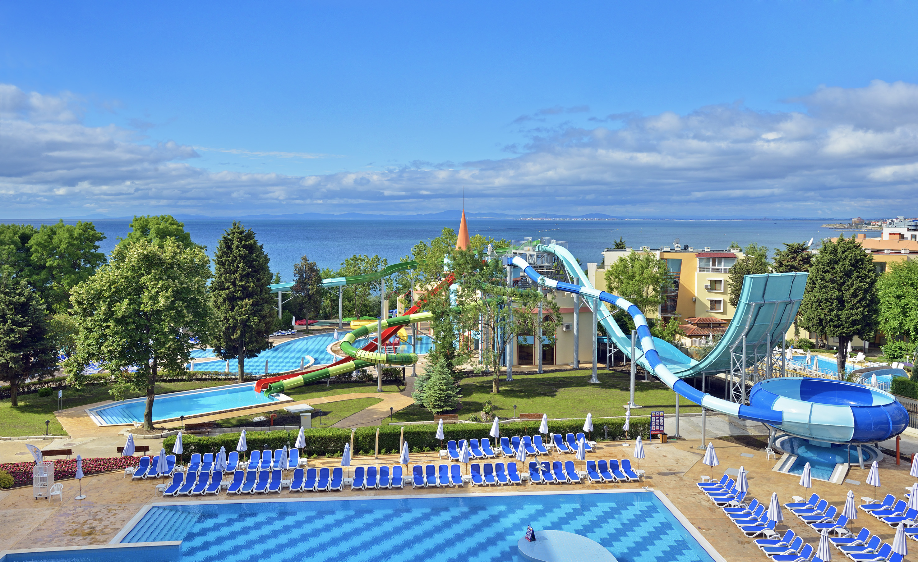 a water slide in a pool