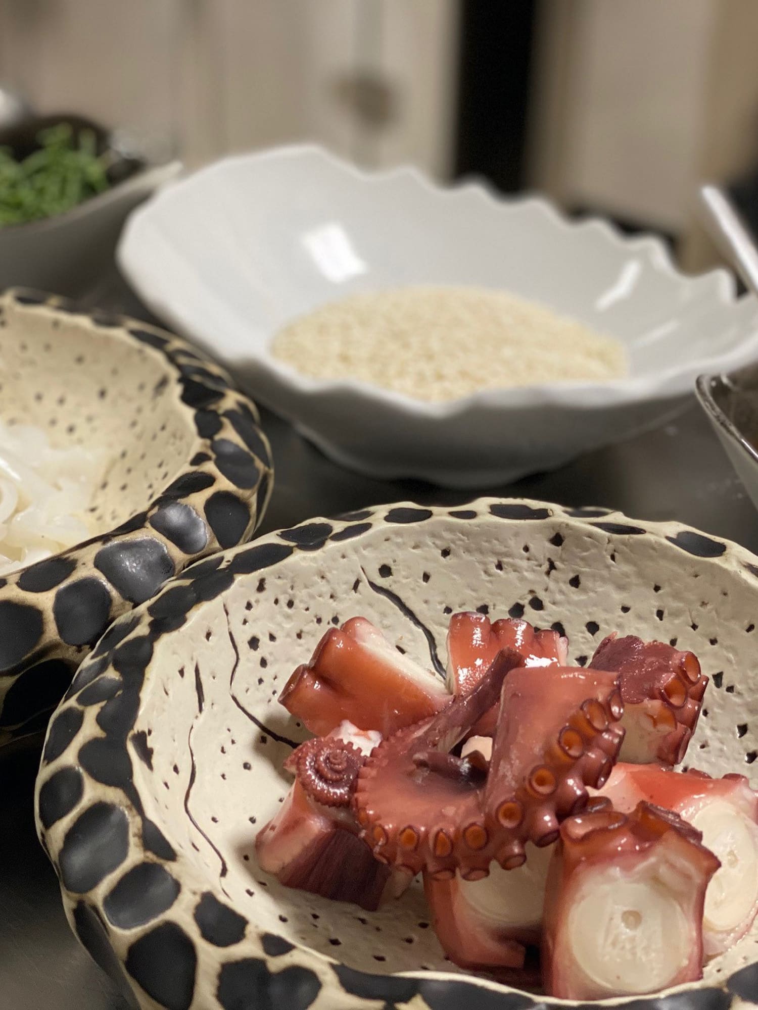 a group of bowls of food