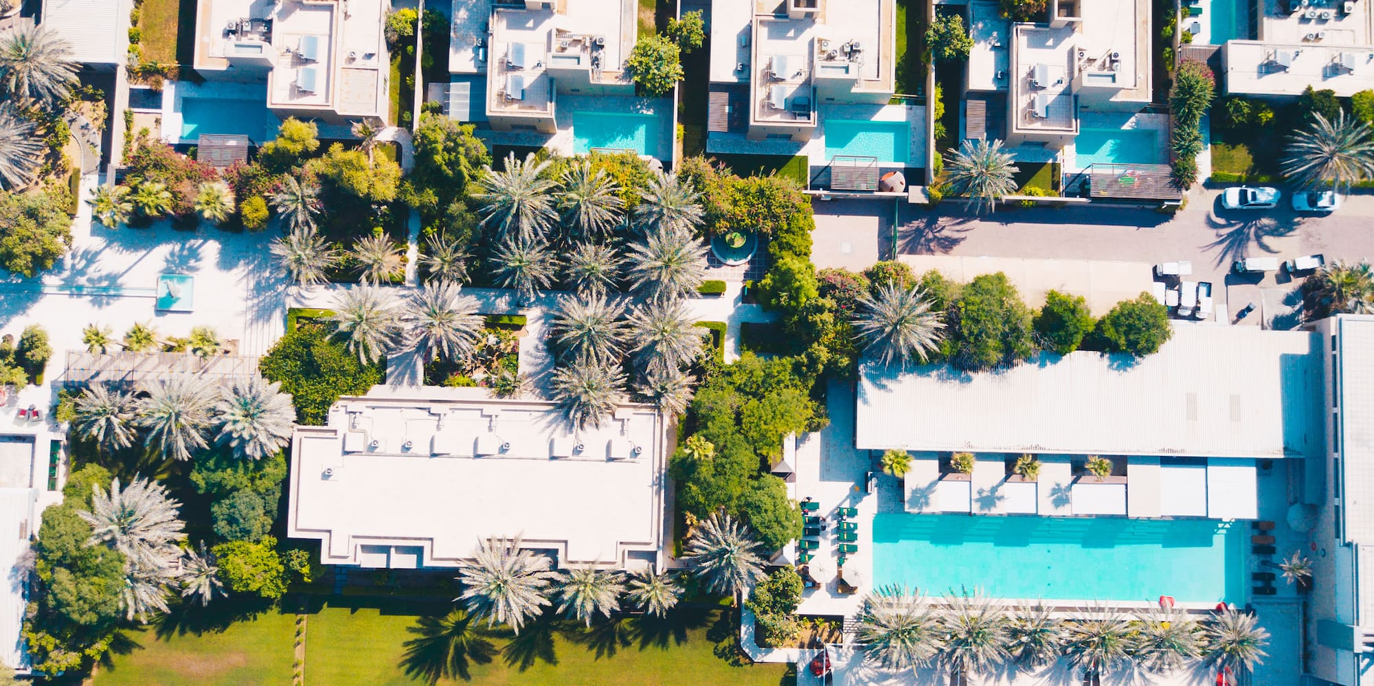 aerial view of a neighborhood with buildings and trees