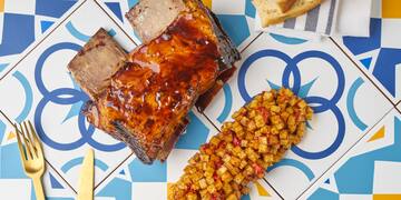 a plate of food on a tile surface