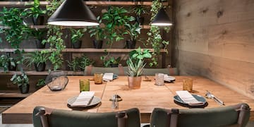 a table with plates and chairs in a room with plants