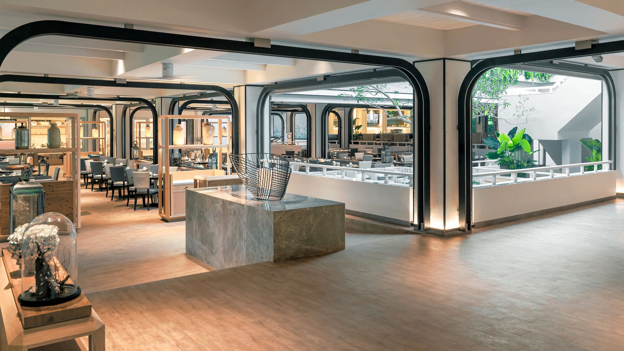 a large room with a large table and chairs