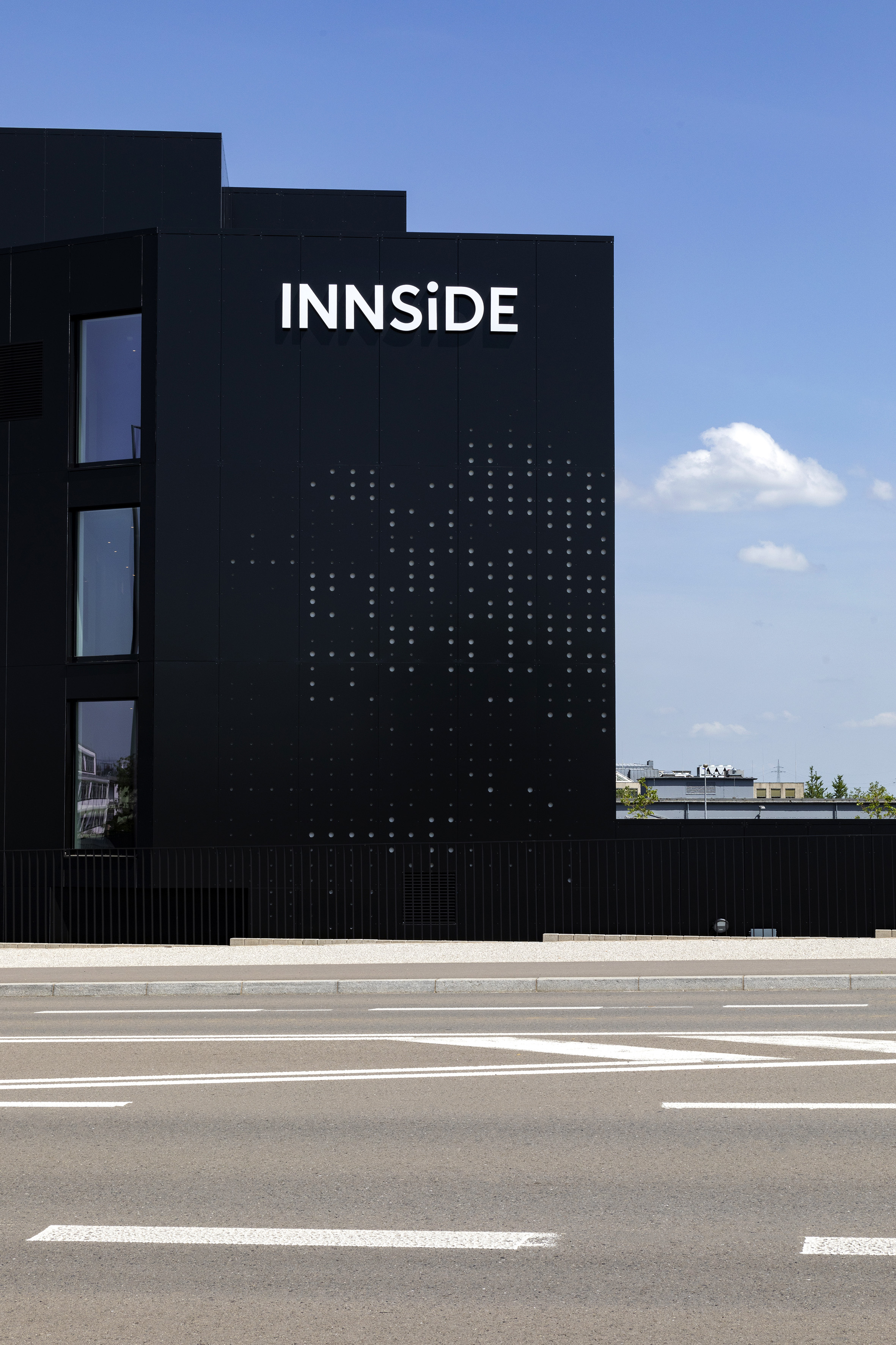 a black building with white text on it