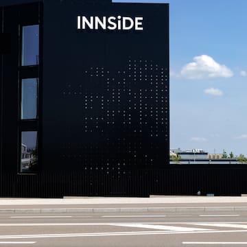 a black building with white text on it