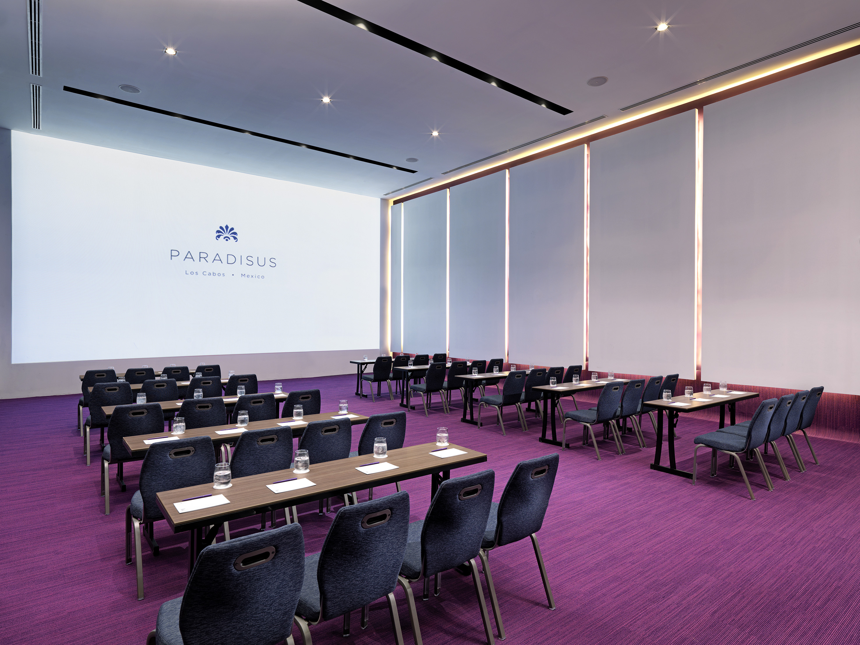 Conference room at Paradisius Los Cabos with presentation screen and seating.