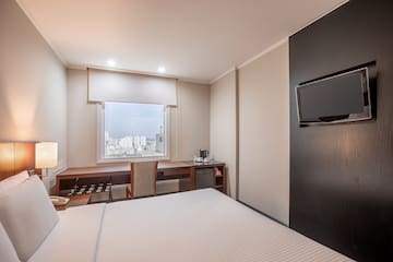 a room with a bed and a television