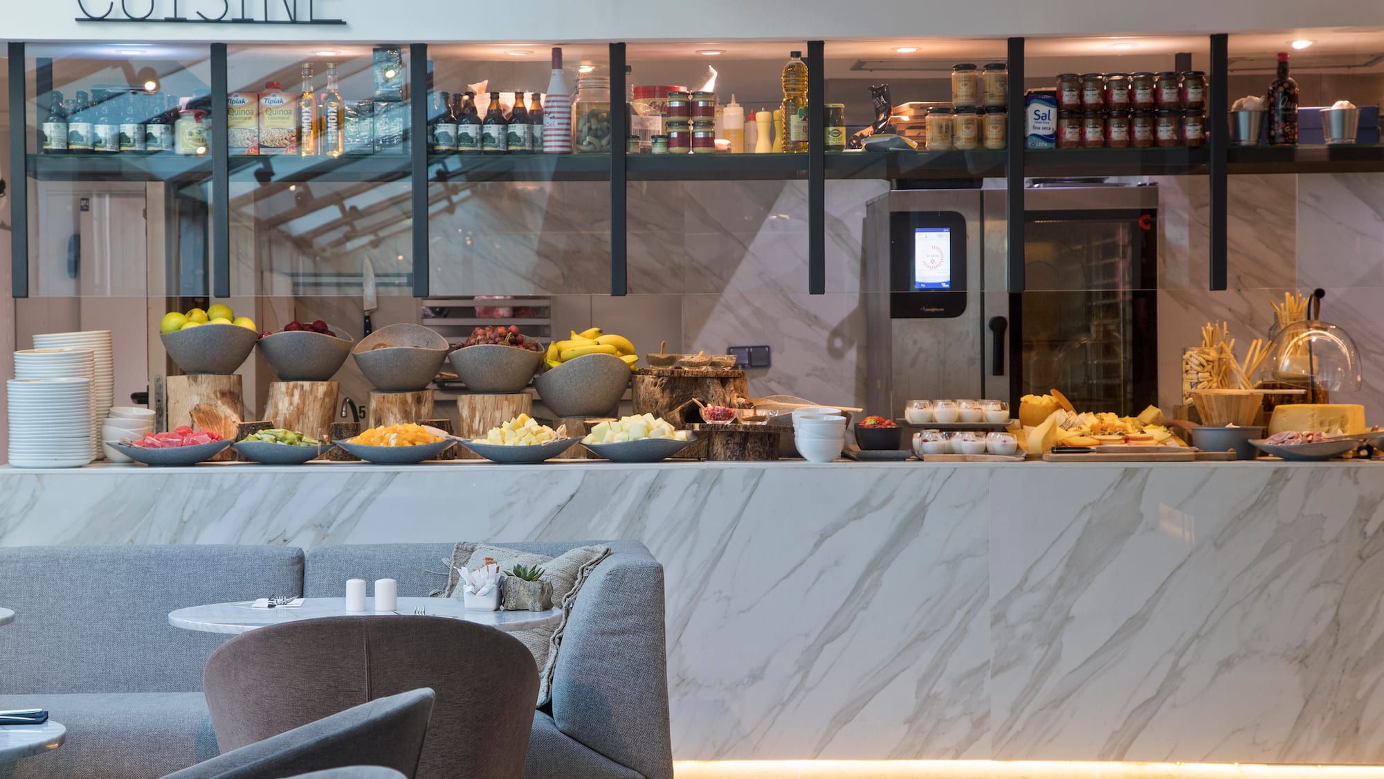 a buffet with food on the counter
