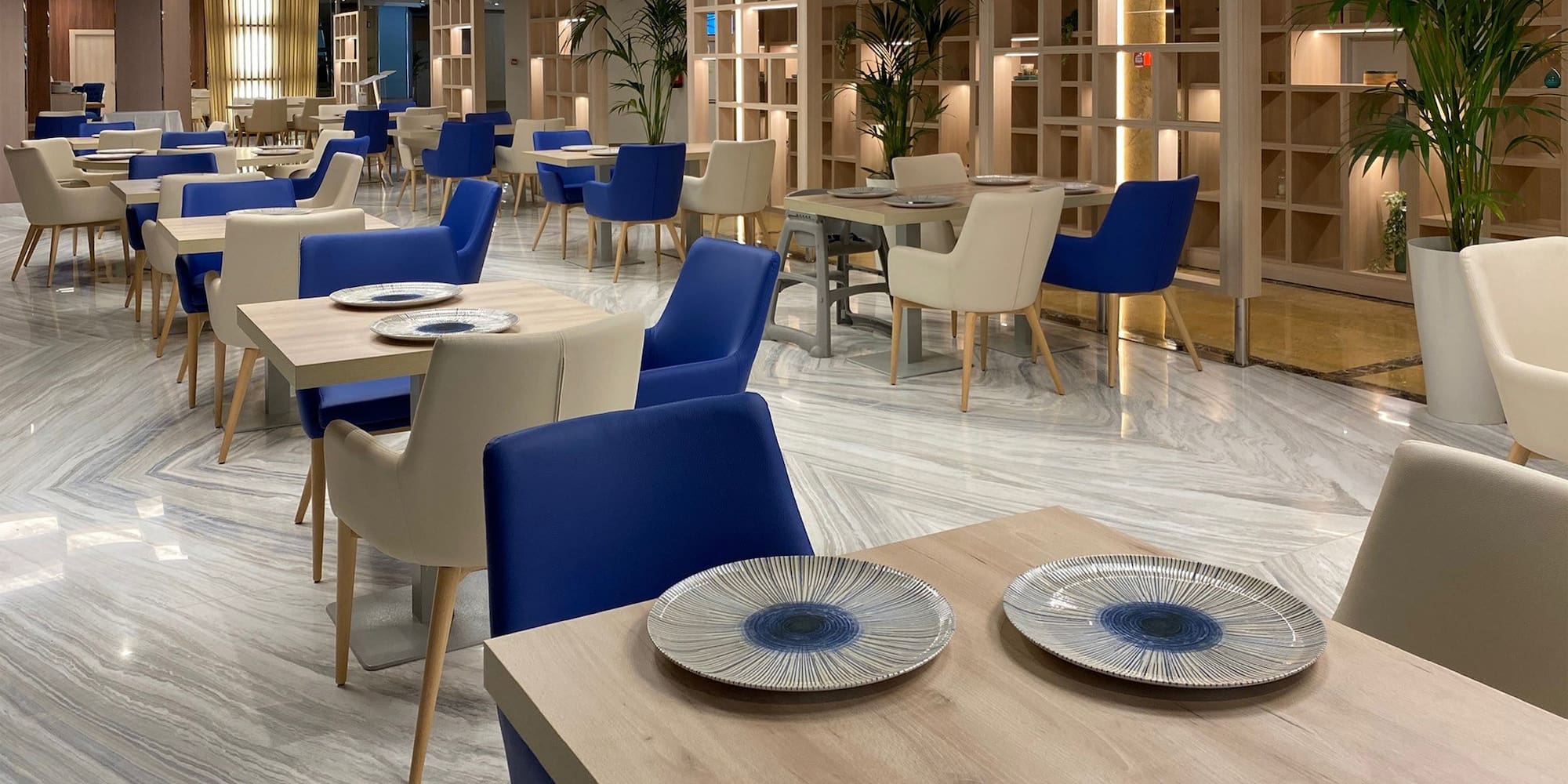 a room with tables and chairs