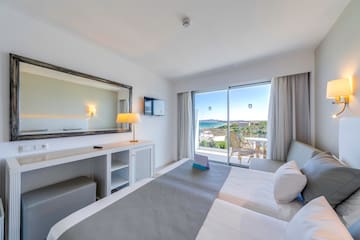 a room with a bed and a mirror
