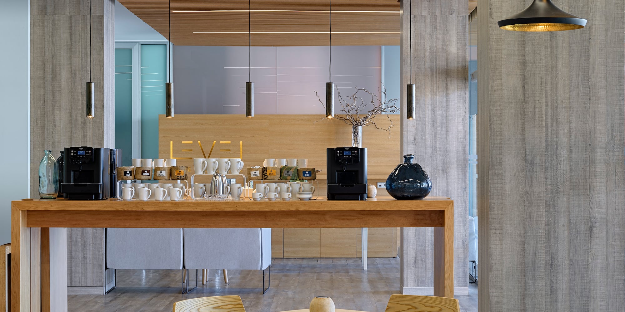 a room with a table and chairs