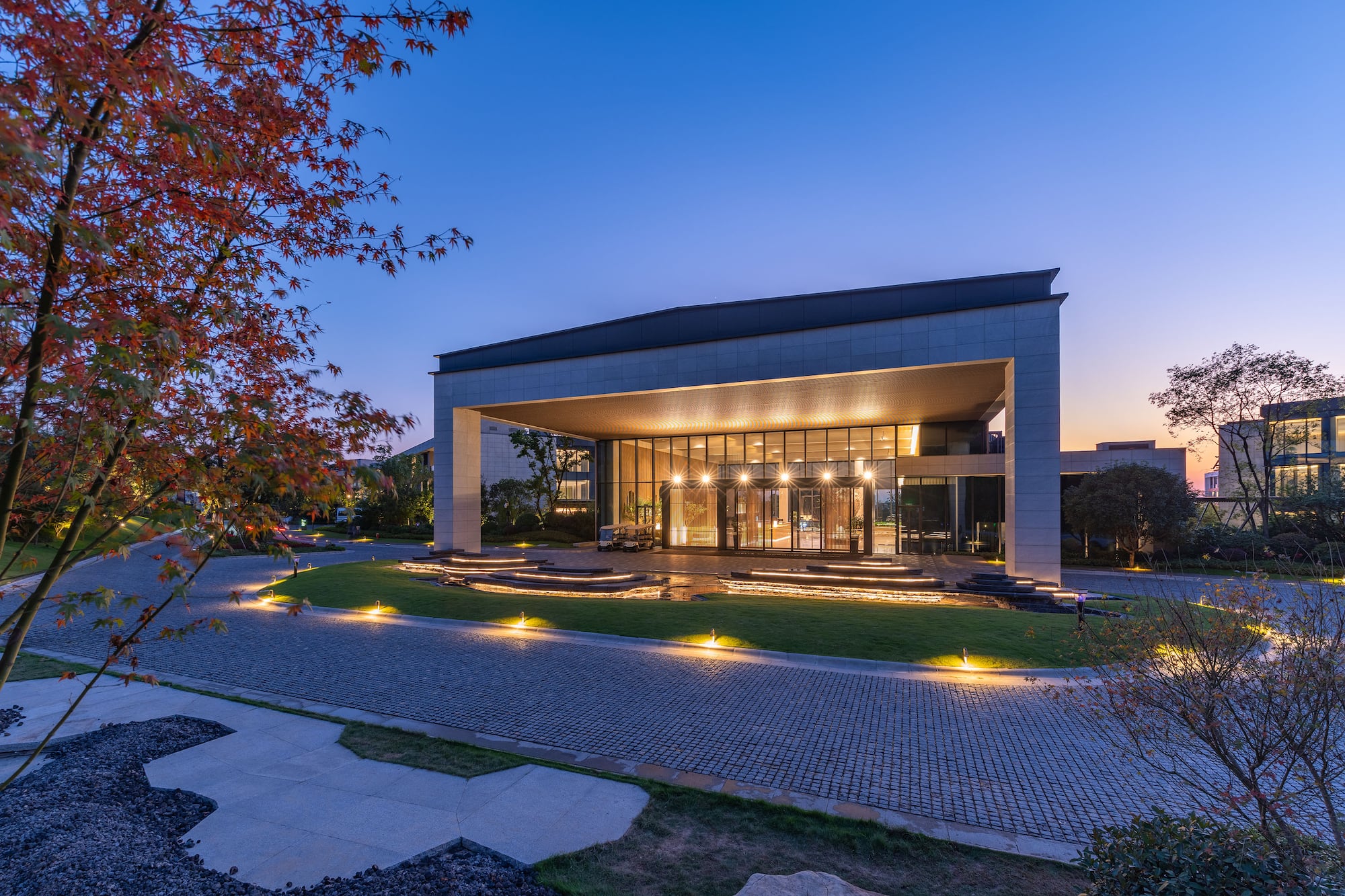 Modern building entrance, lit glass facade, paved driveway, red maple at dusk.