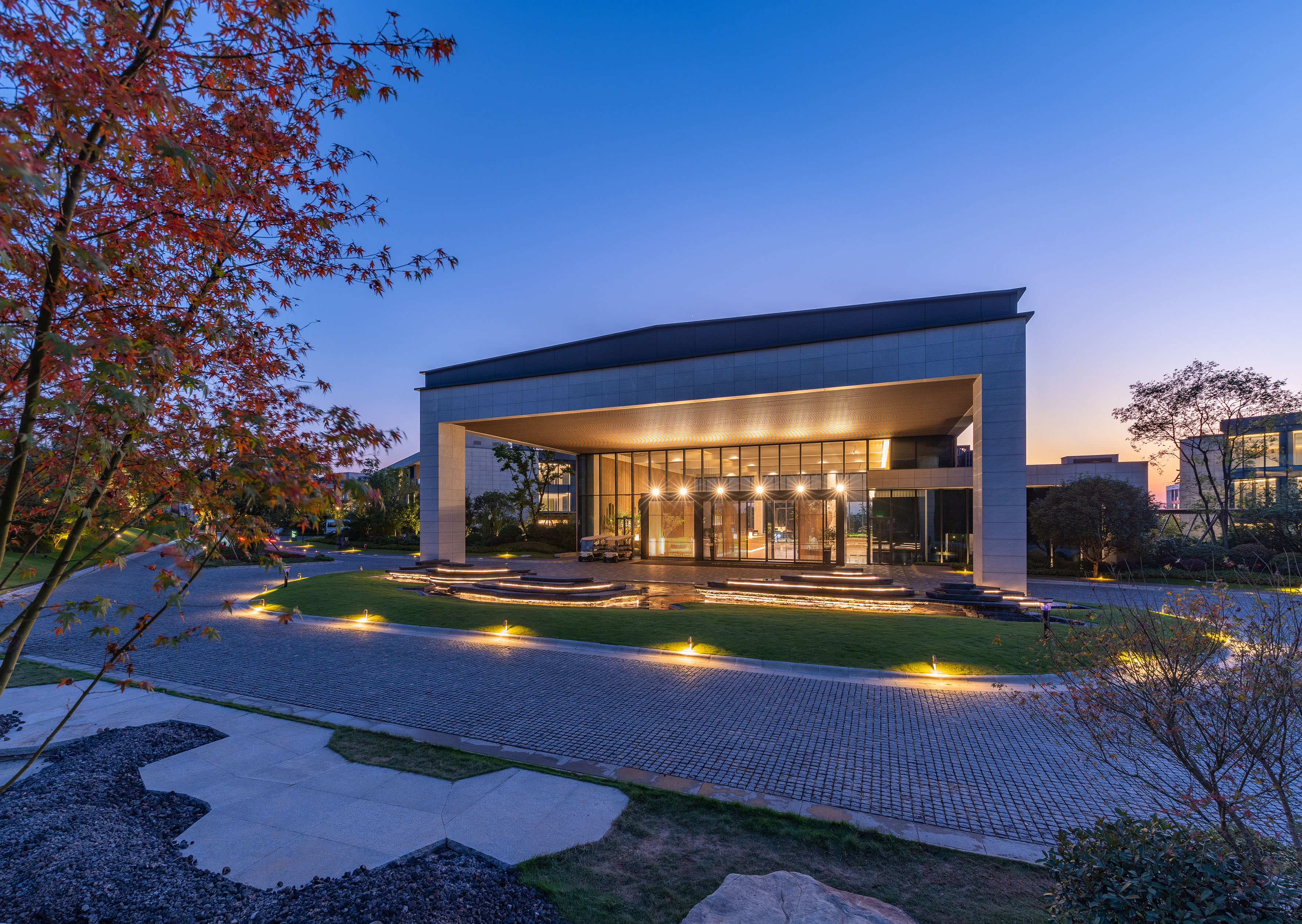Modern building entrance, lit glass facade, paved driveway, red maple at dusk.