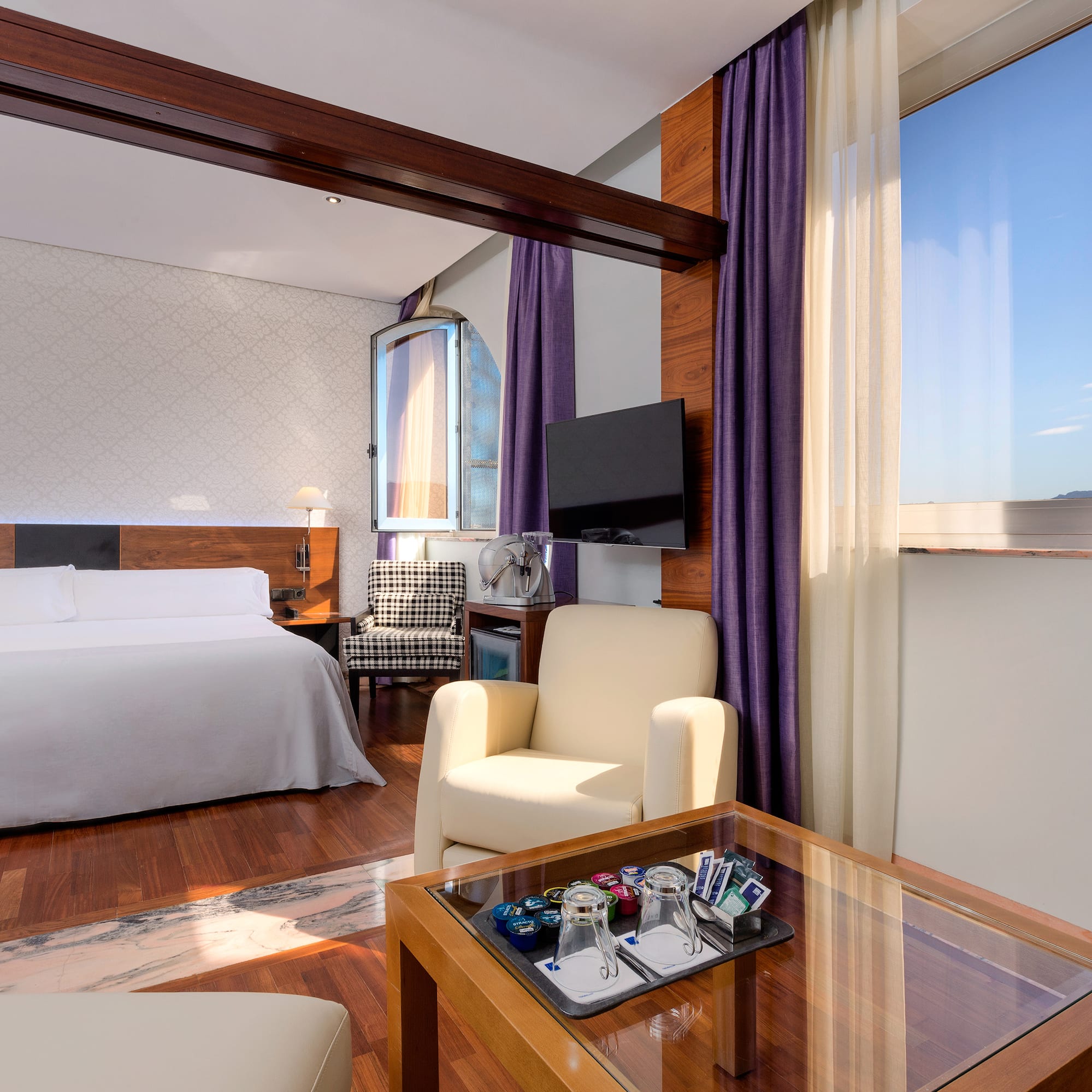 a room with a bed and a table