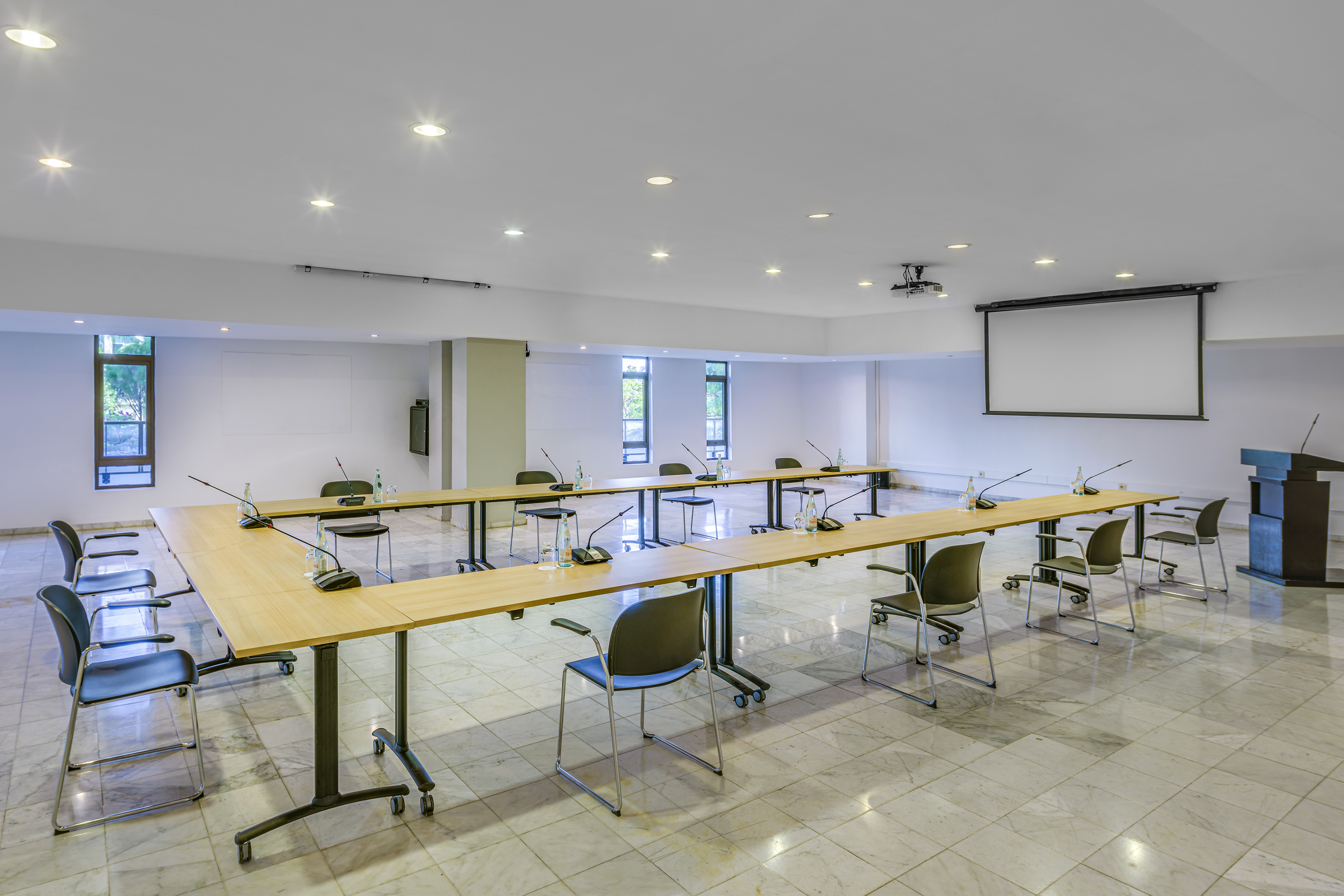 a room with a large table and chairs