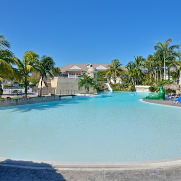 a pool with a slide and palm trees