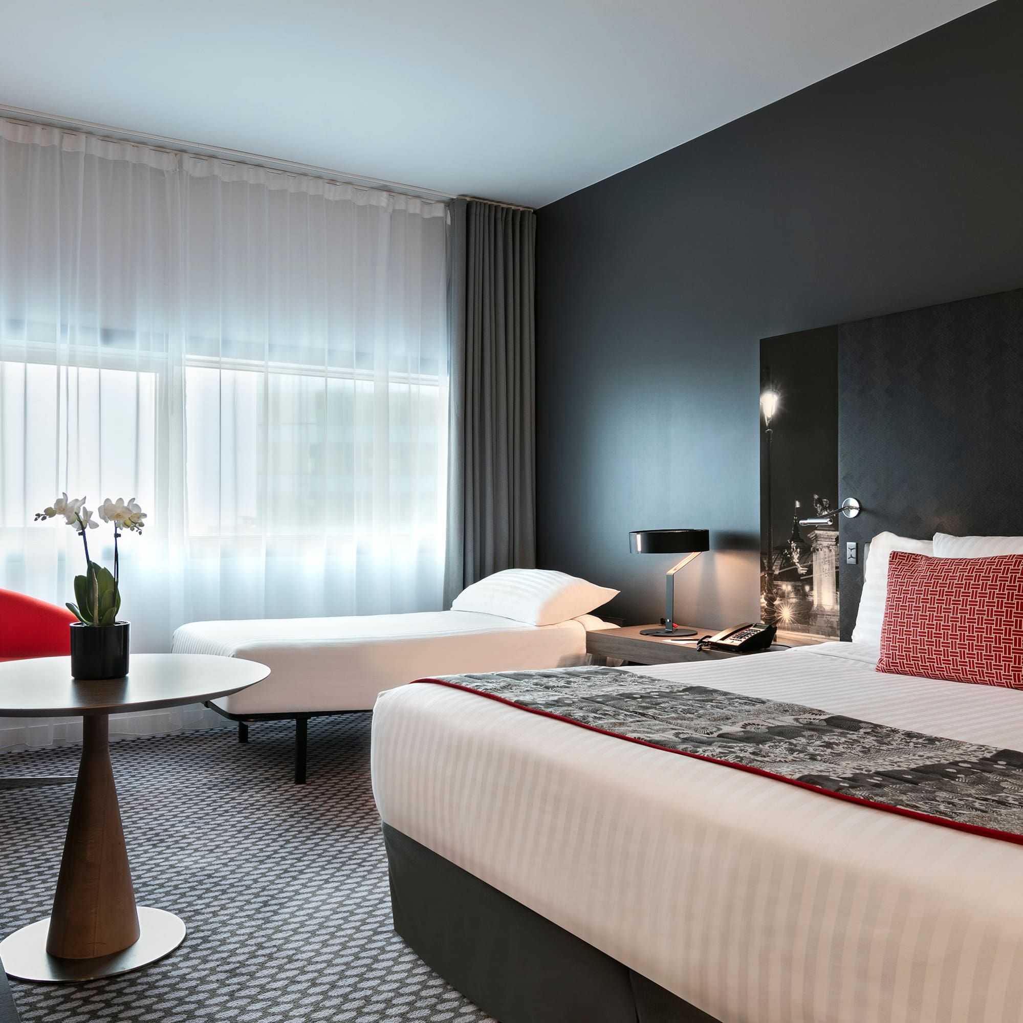 a room with a bed and a table