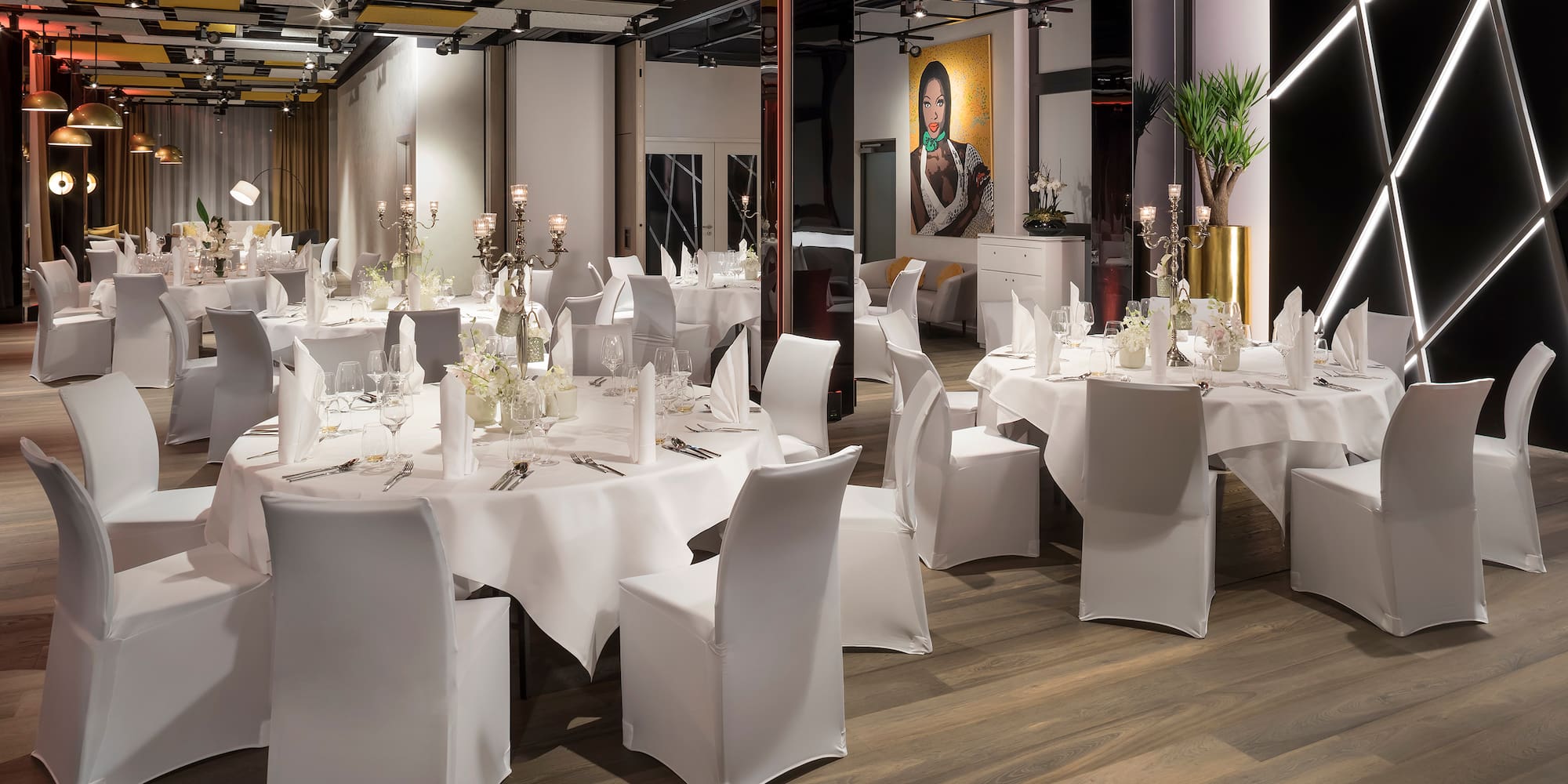 a room with tables and chairs