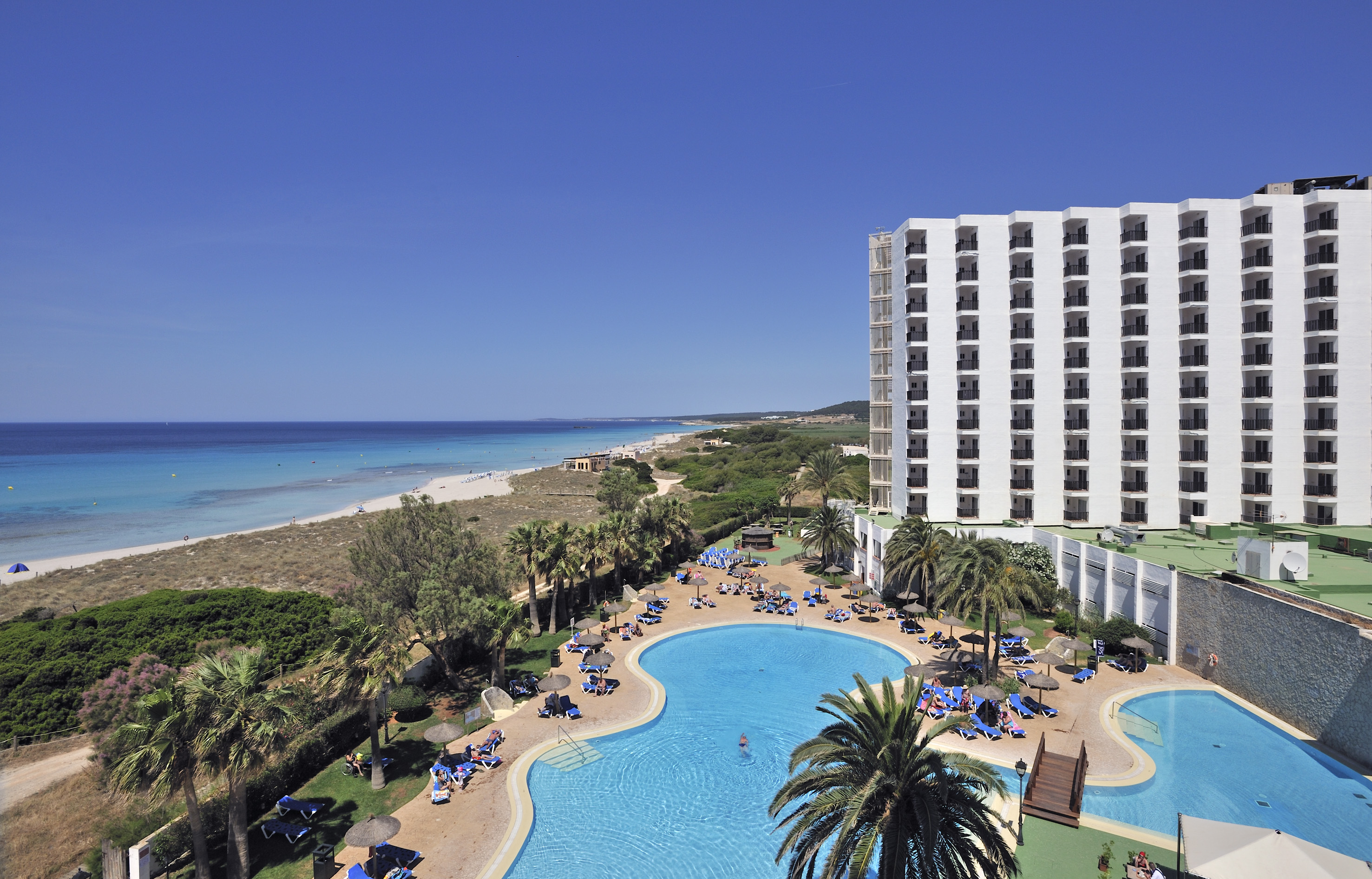 Beachfront resort hotel with large pool, palm trees, and turquoise sea.