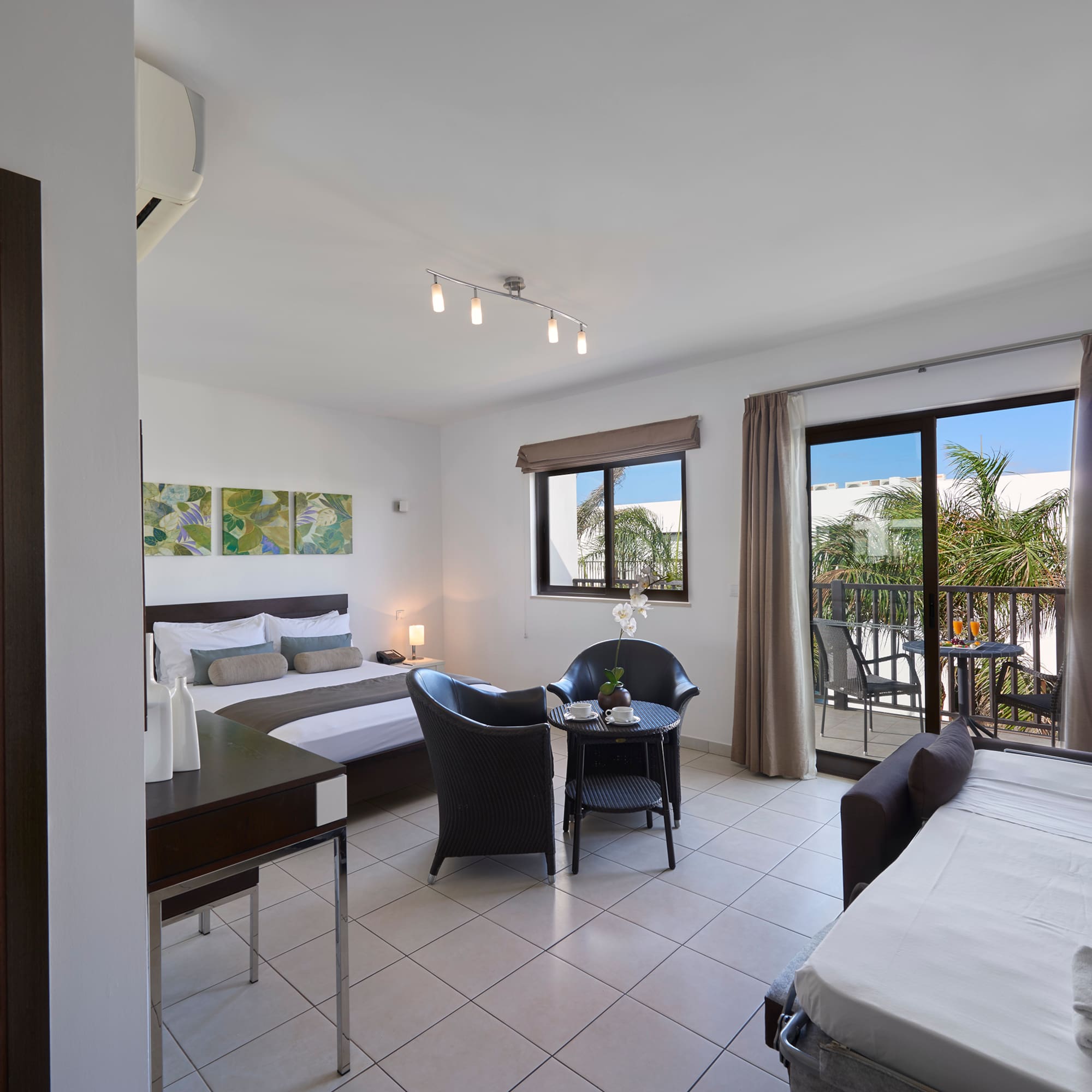 a room with a bed and a table