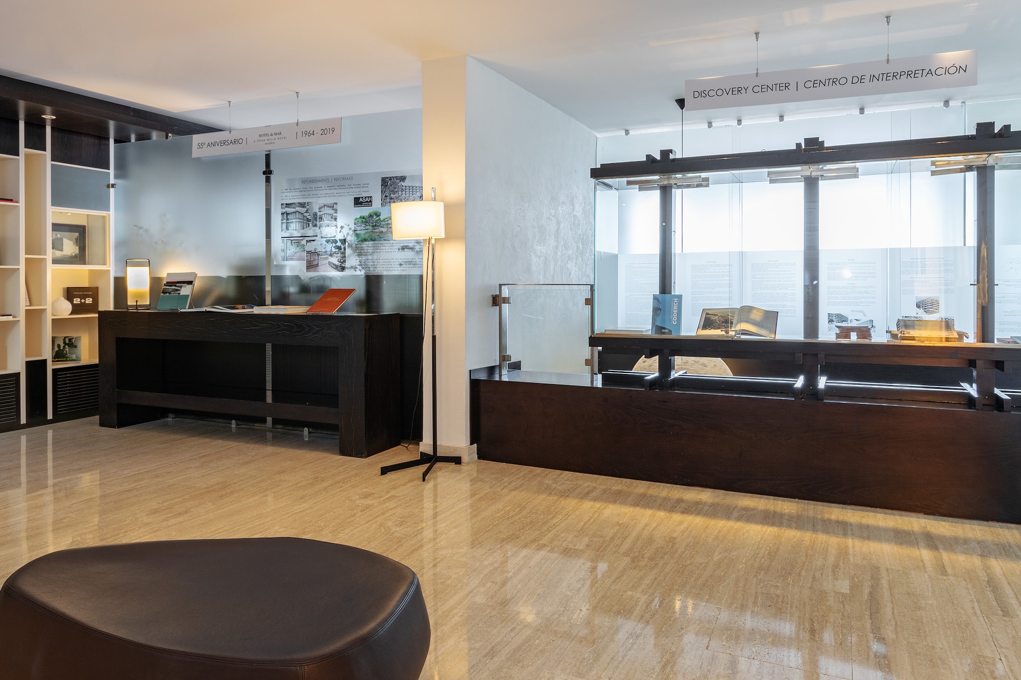 Modern hotel Discovery Center with historical exhibition displays.
