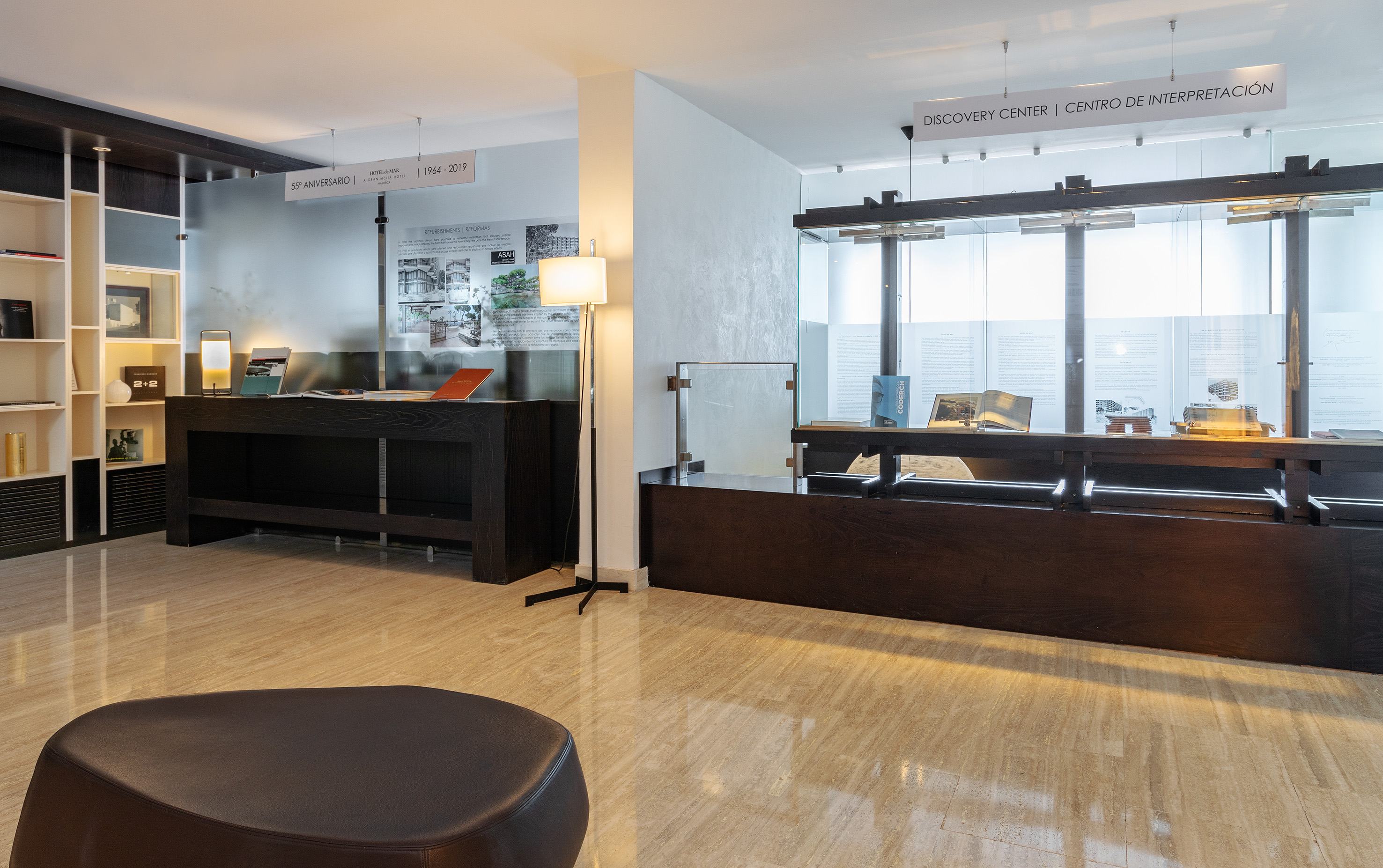 Modern hotel Discovery Center with historical exhibition displays.