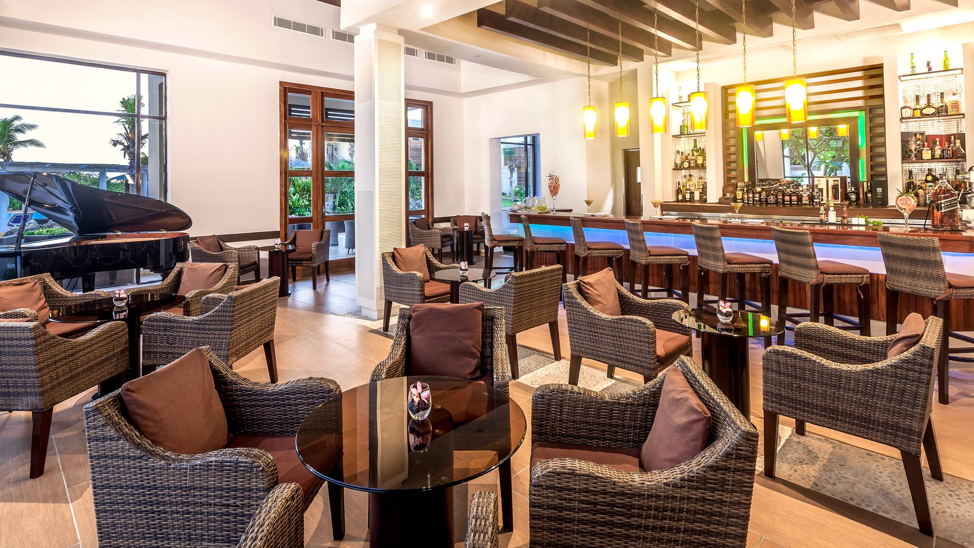 a room with chairs and tables