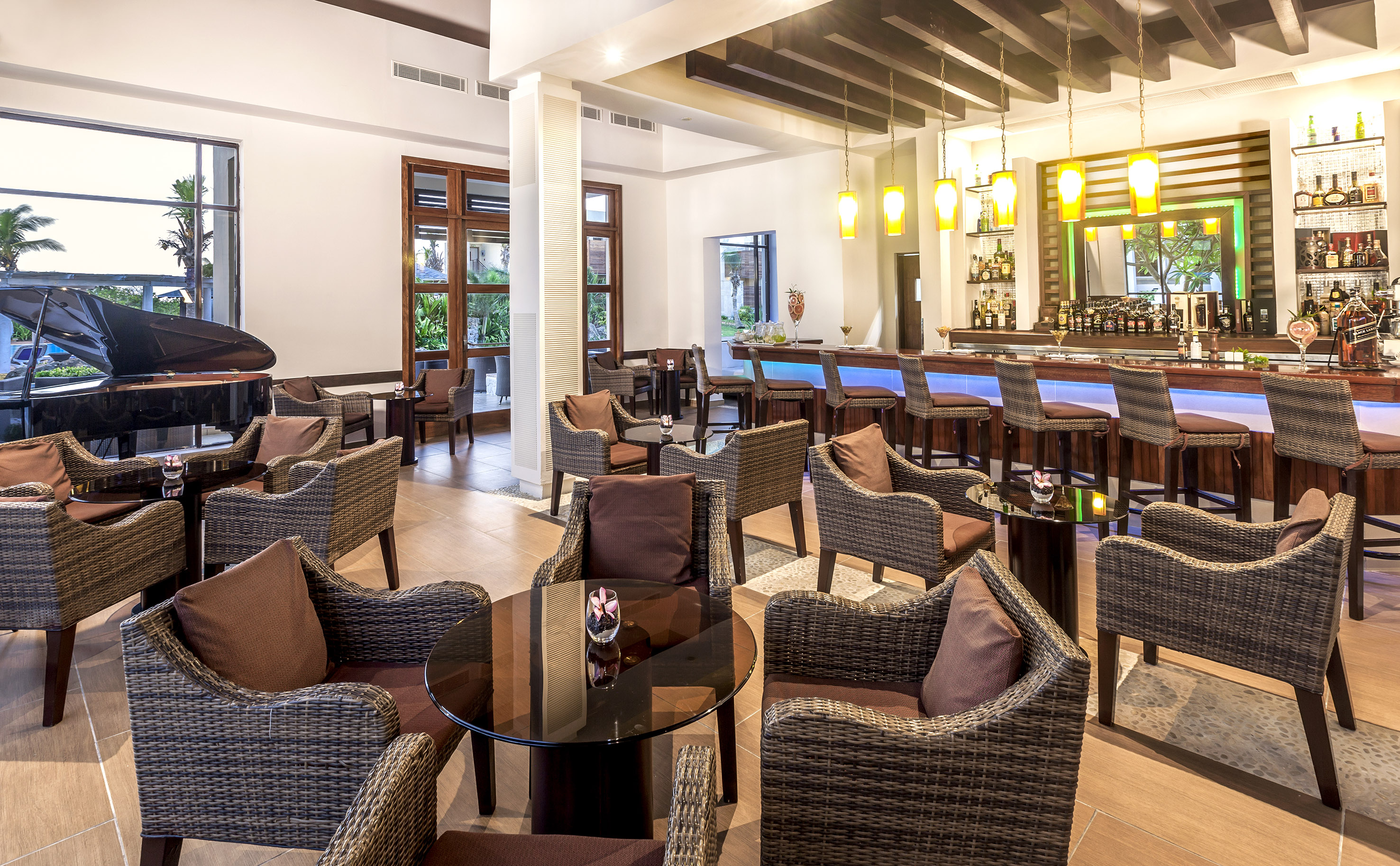 a room with chairs and tables