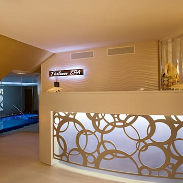 a spa reception area with a pool
