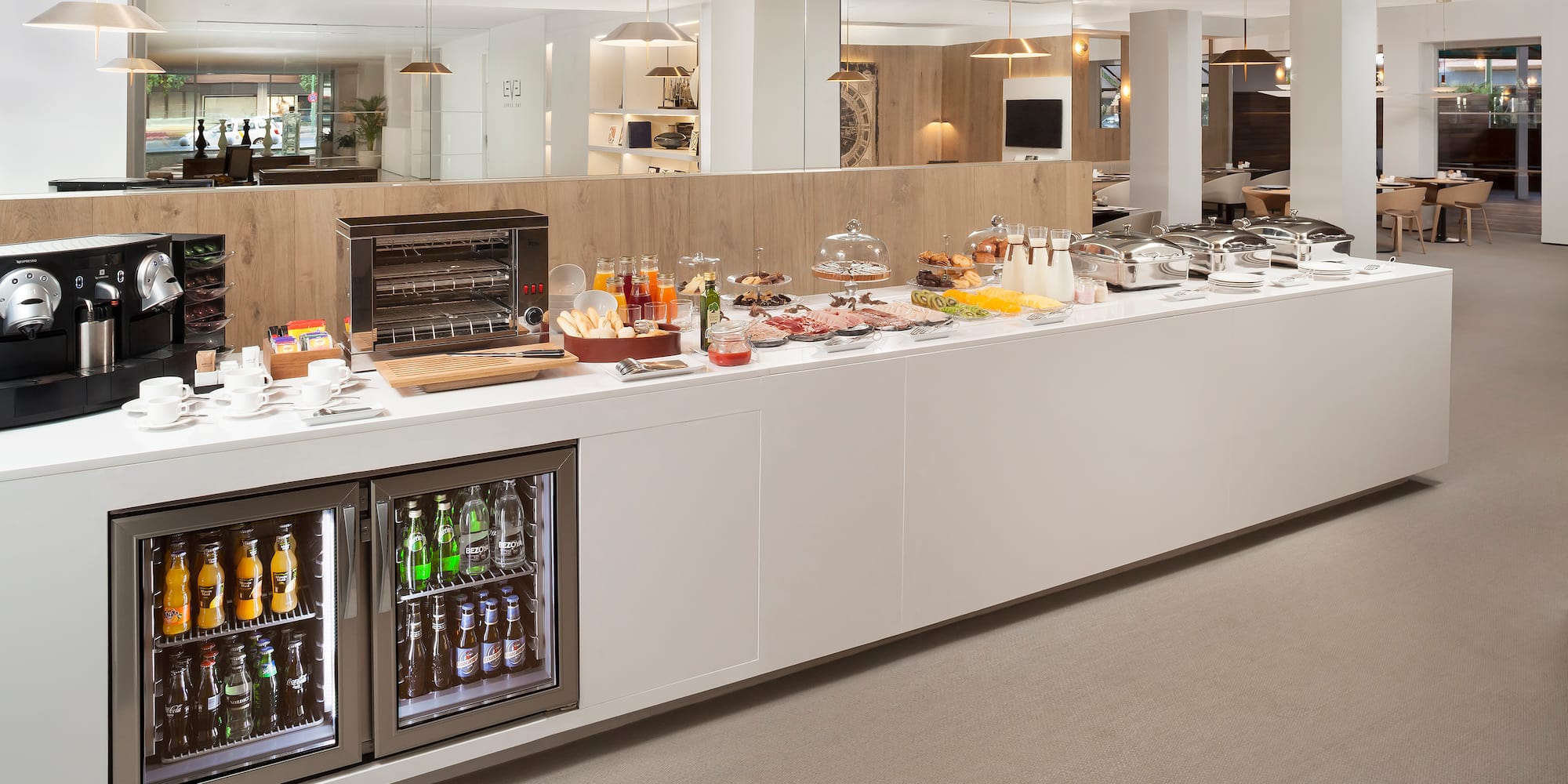 a buffet with food on the counter