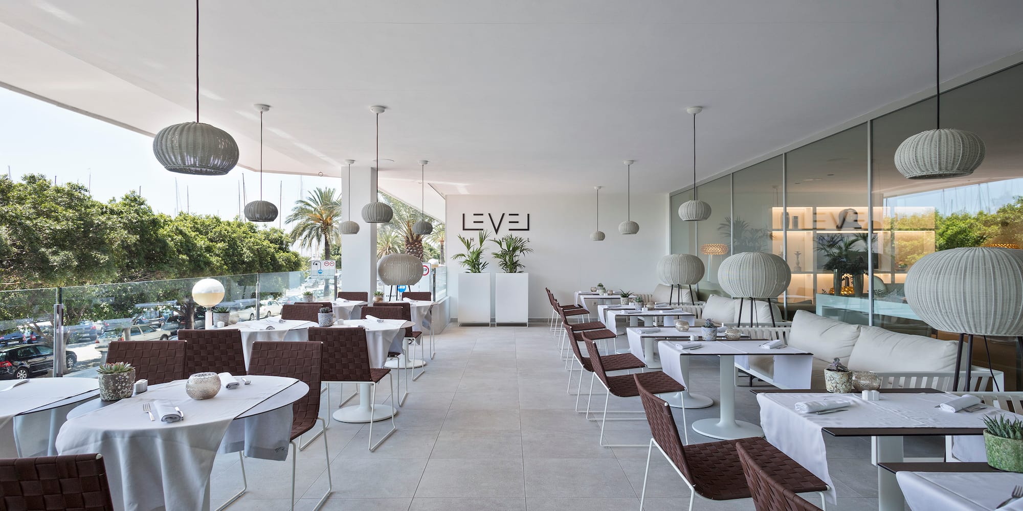 a room with tables and chairs