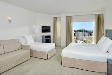 a room with two beds and a television