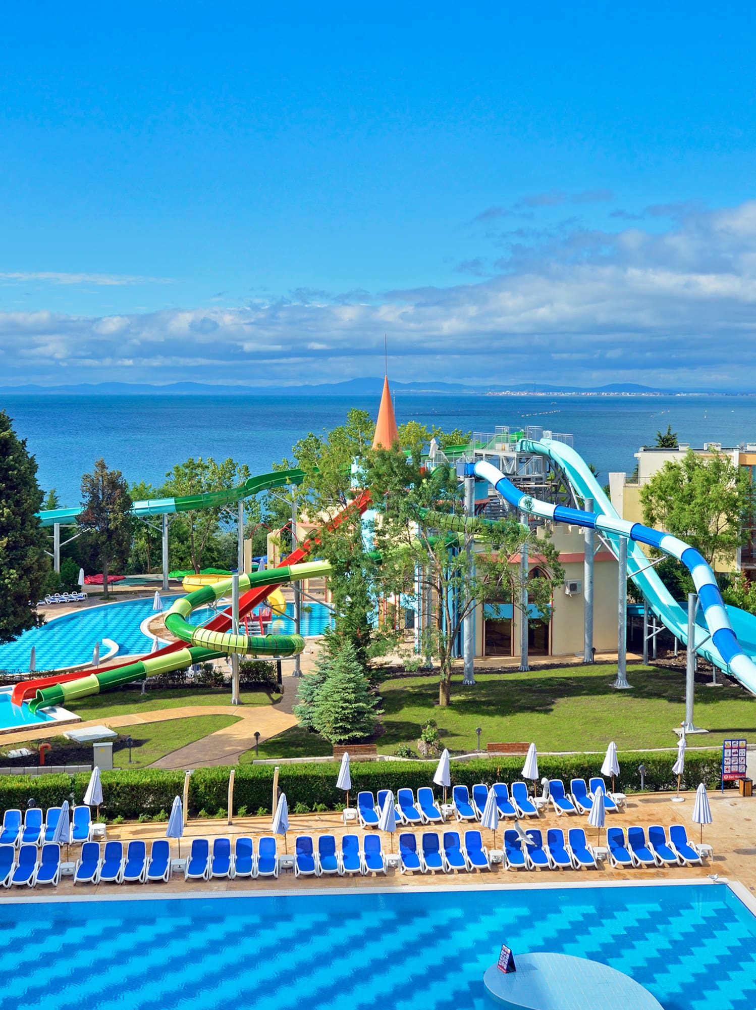 a water slide in a pool