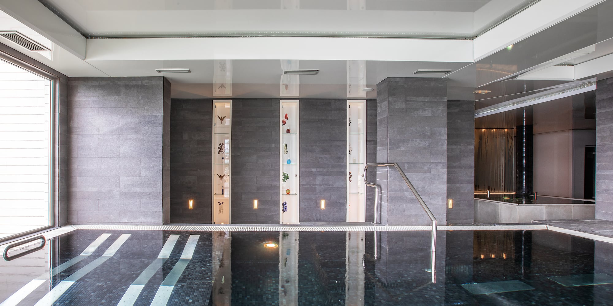 a swimming pool inside a building