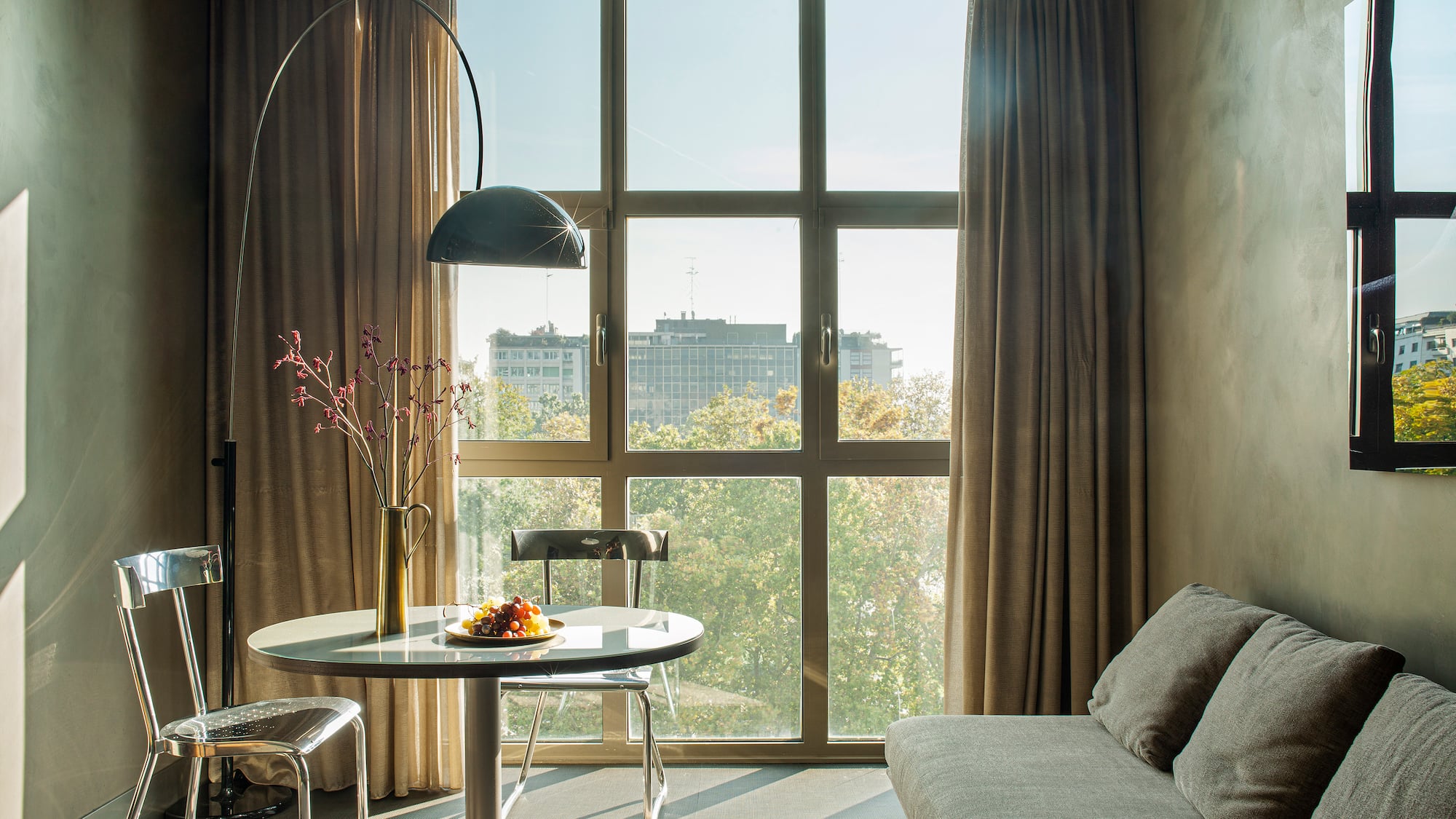 a living room with a couch and a table