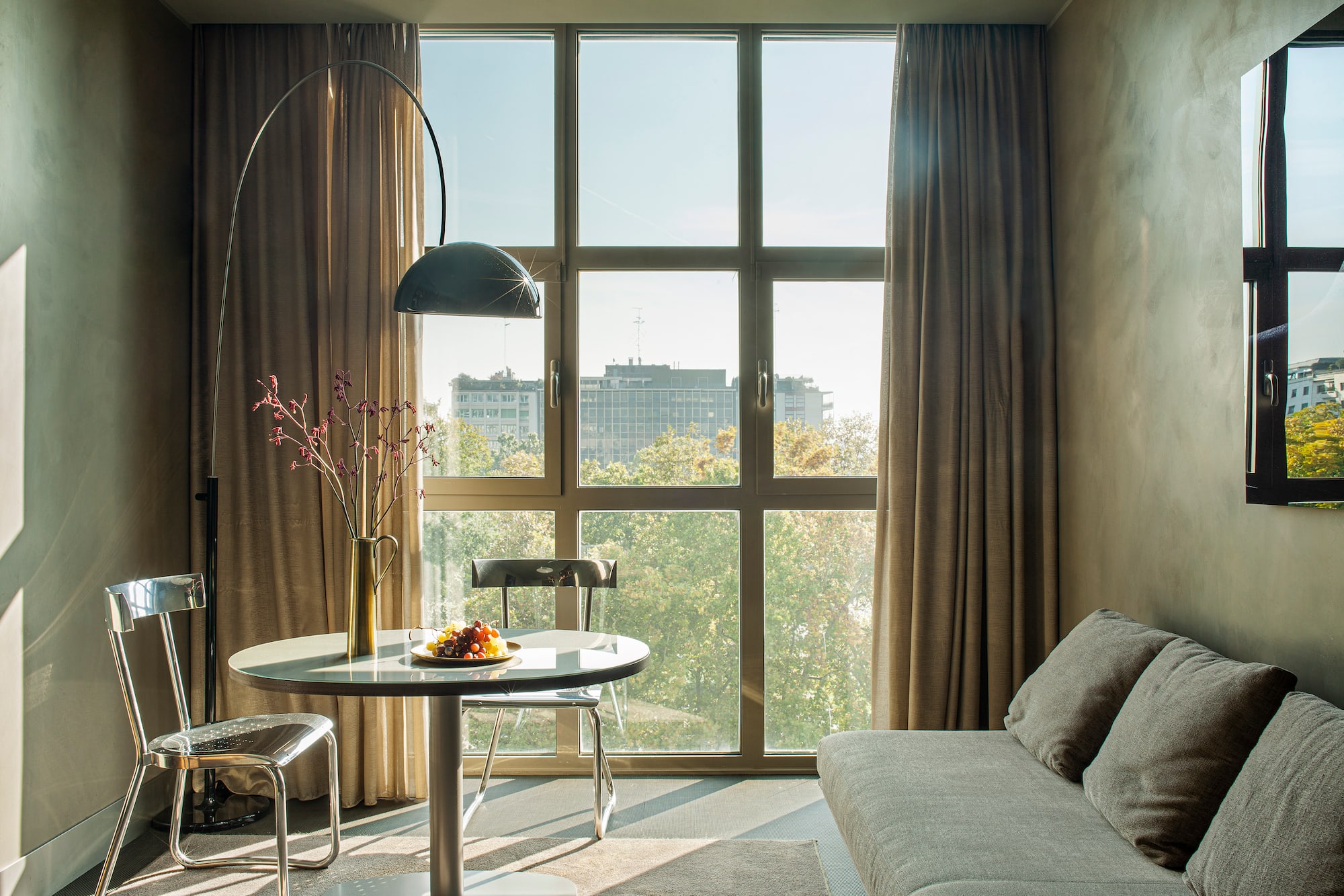 a living room with a couch and a table