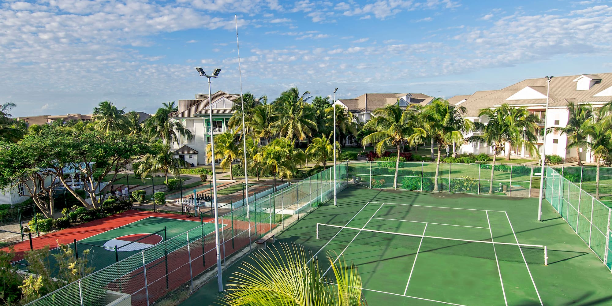 a tennis court with palm trees and houses