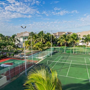 a tennis court with palm trees and houses