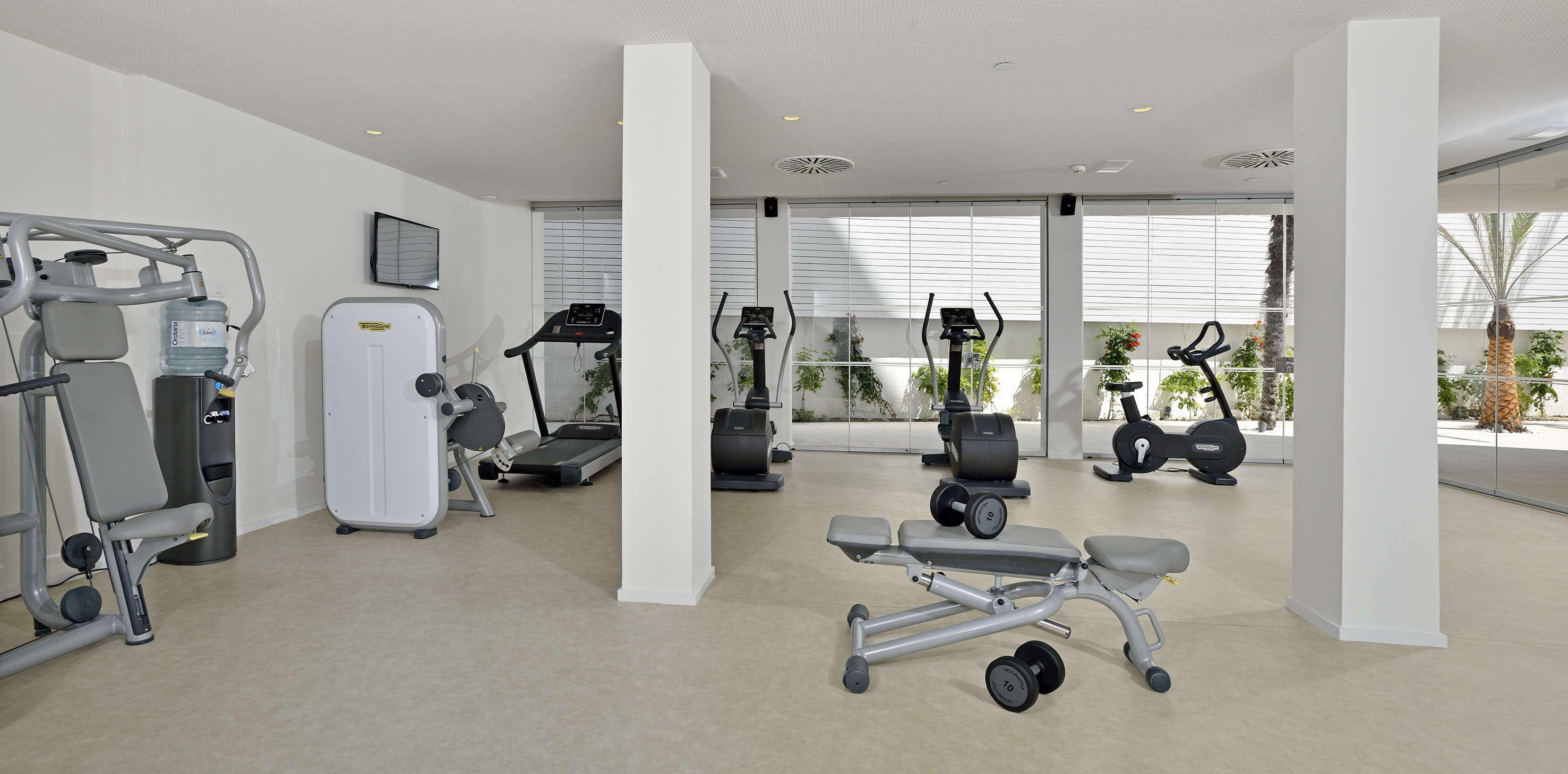 Bright hotel gym with Technogym cardio machines and free weights.