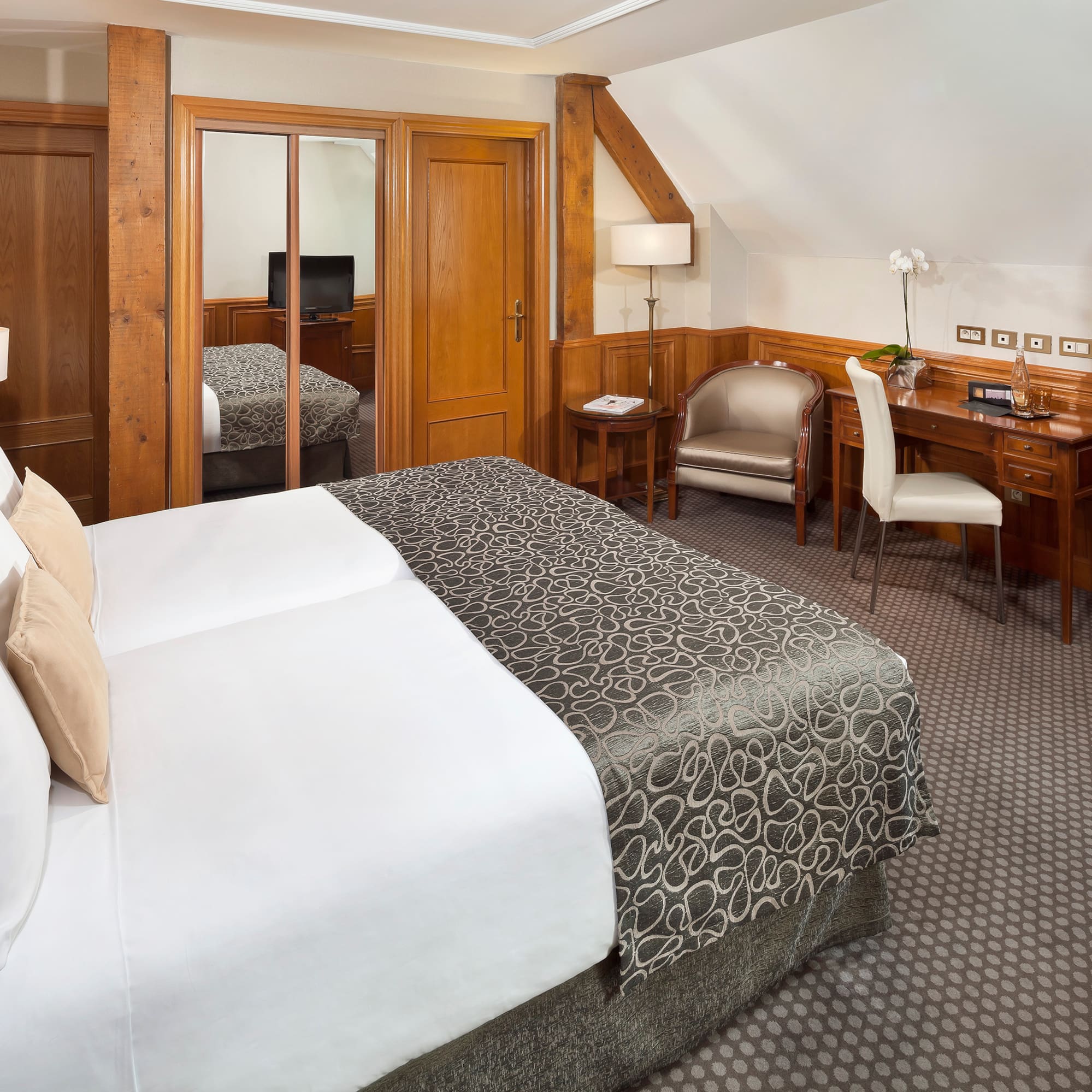 a bedroom with a bed and a desk