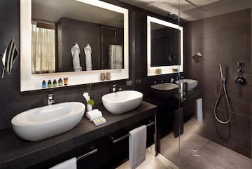 a bathroom with two sinks and a mirror