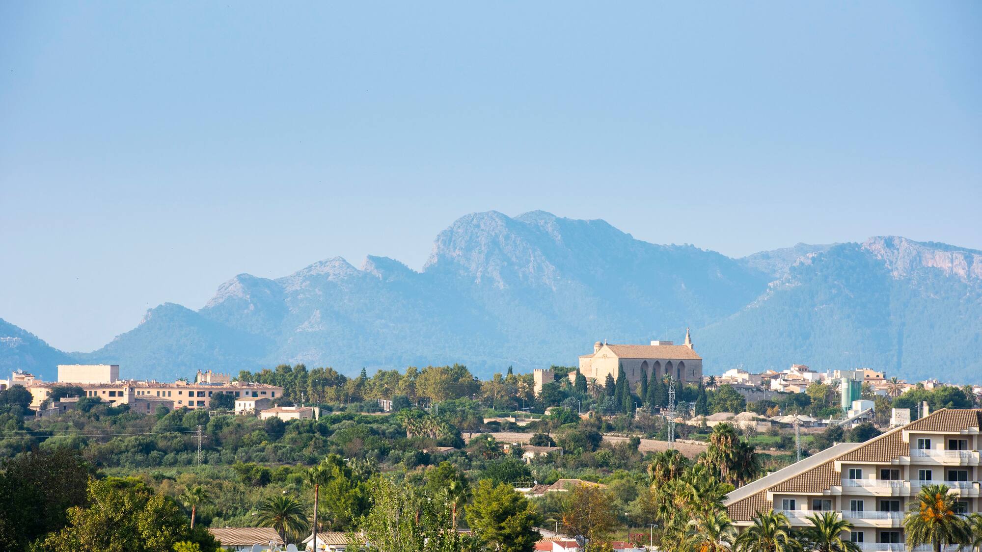 a landscape of a town with trees and mountains in the background