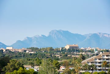 a landscape of a town with trees and mountains in the background