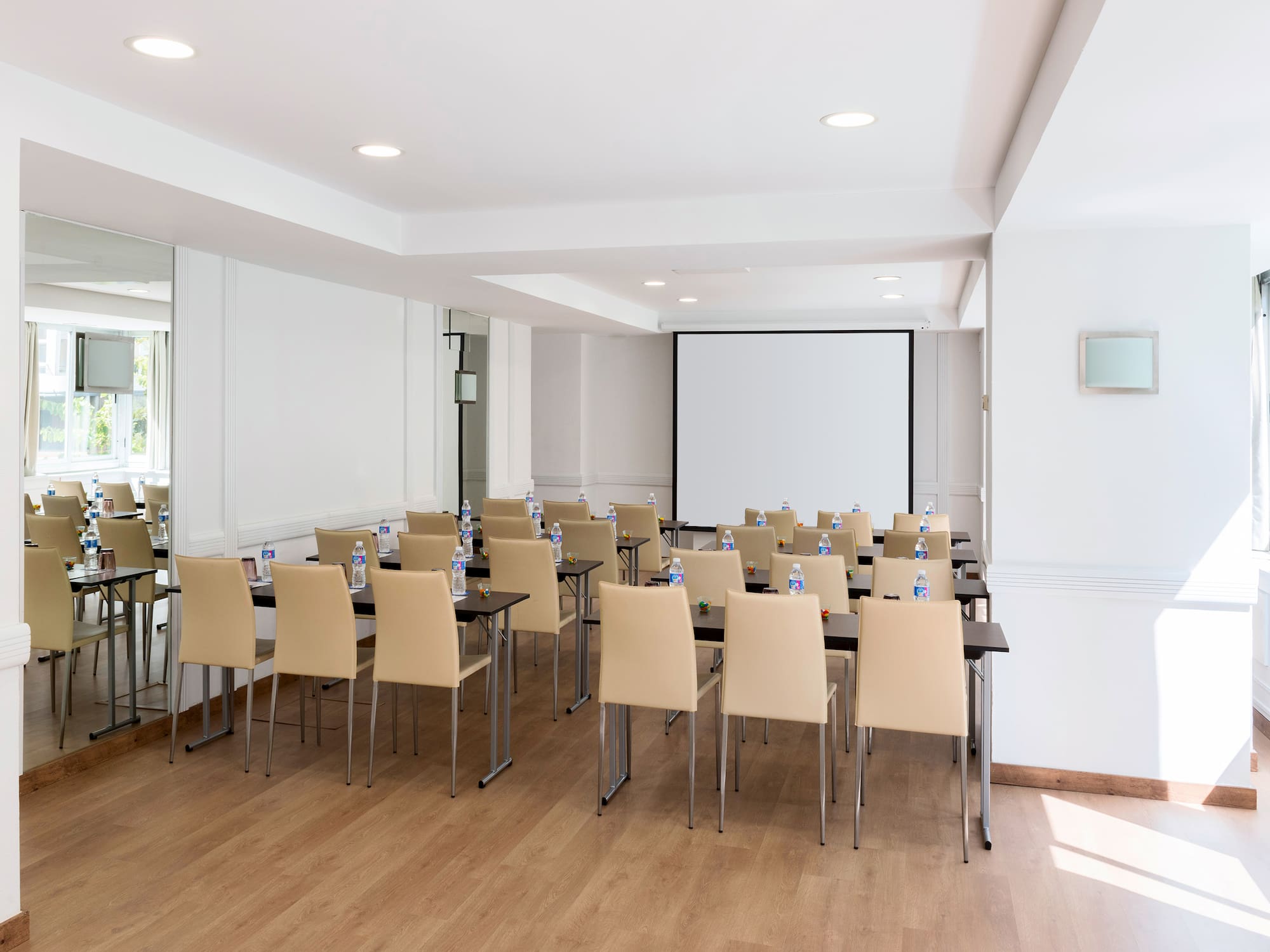 a room with tables and chairs