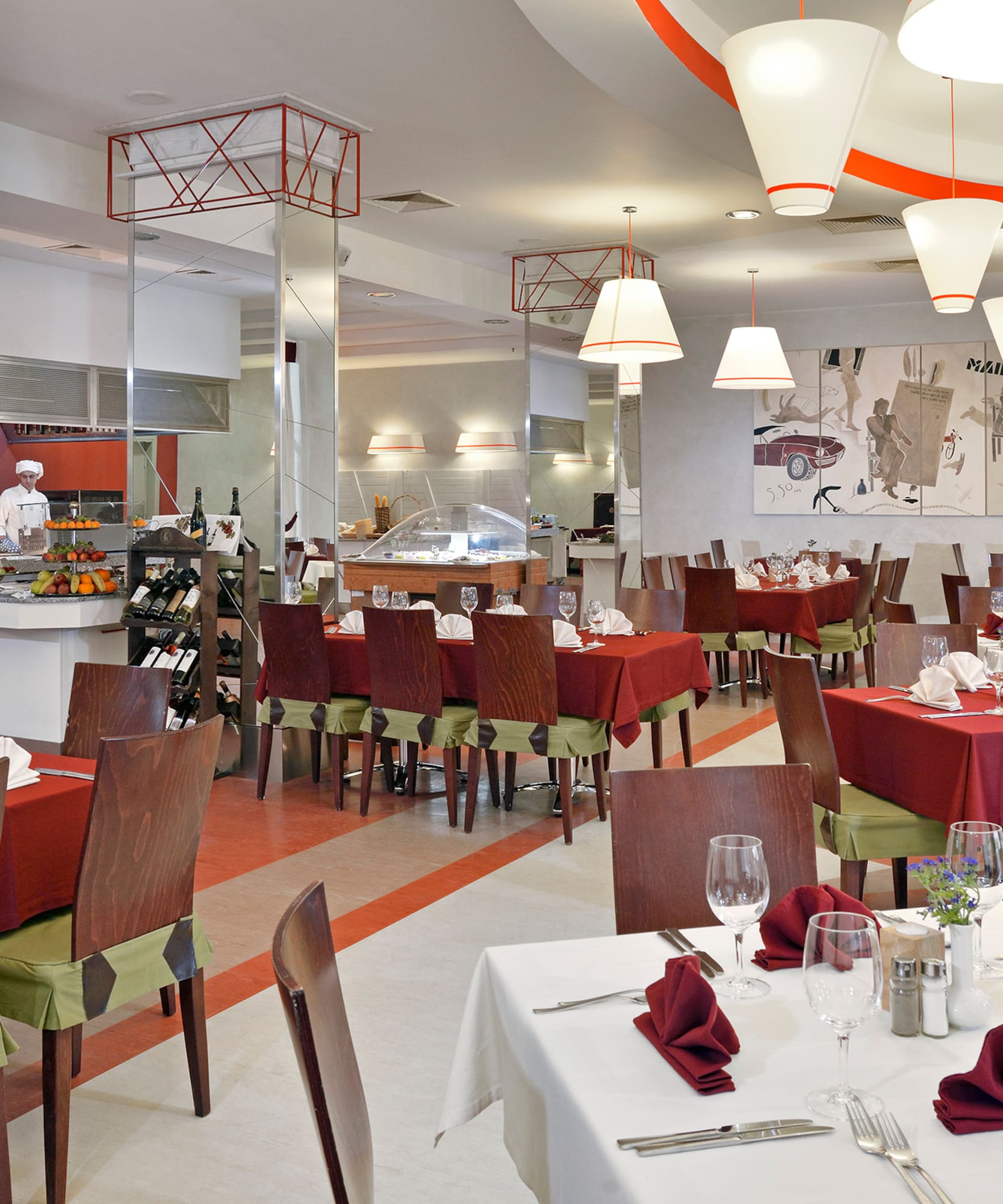 a restaurant with tables and chairs